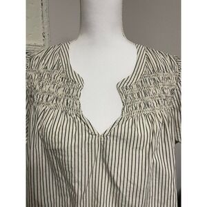 Lucky Brand Womens Smocked Striped Cotton Blouse Split V-Neck Puff Sleeve M